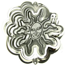 WorldaWhirl Whirligig 3D Wind Spinner Hand Painted Stainless Steel Twister Sun Face (6.5" Inch, Silver)