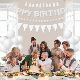 Elegant White Themed Birthday Decoration Set, White Pre-Strung 3D Felt Happy Birthday Banners, Pom-Pom Garland, Party Pennant Felt Banner Flags, Tassel Garland, Balloons, Reusable Party Decor,Photo Prop