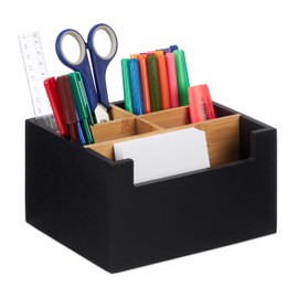 Relaxdays Desk Organiser, Bamboo, 5 Compartments, for Office Supplies & Cosmetics, Pen Box, HBD: 9.5 x 18 x 15 cm, Black