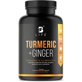 B Life Cúrcuma Con Jengibre y Aceite De Coco | 200 Cápsulas | 1400 mg por porción | Adicionado con Pimienta Negra | Turmeric + Ginger.