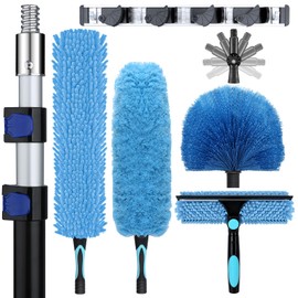 20ft Heavy-Duty Telescoping Ceiling Duster with 5-12ft Pole - Fan Blade Cleaner, Cobweb Remover & Blue Window Squeegee Kit, Washable Dust Brush for High Roof and Glass Surfaces