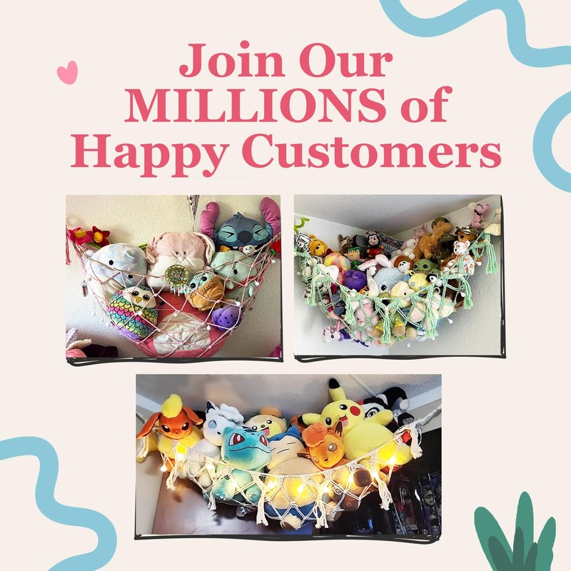 Stuffed Animal Storage Macrame Hammock w/String Lights, Large - Boho