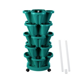 Tectsia Strawberry Vertical Planters Tower Garden, 5 Tiered Stacking Planter with Support Pole, Stackable Herb Vegetable Planters Indoor and Outdoor - Hunter Green