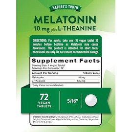 Nature's Truth Cápsulas de melatonina de máxima potencia de 10 mg más L-teanina, 72 unidades