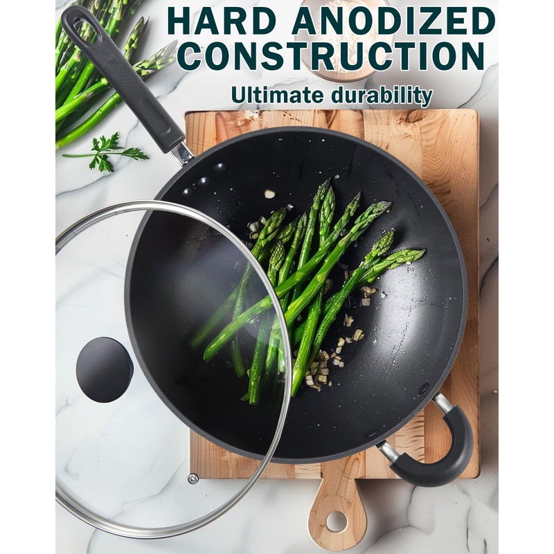 Cook N Home Hard Anodized Nonstick Wok with Lid 12-Inch,