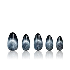 Handmade Press on Nails Medium Almond Cat Eye Fake Nails for Women's 10pcs (gray, L)