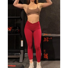 YEOREO Leggings with Pockets for Women Charm Leggings Workout Leggings for Women V Cross Waist Butt Lifting Gym Yoga Leggings Red L