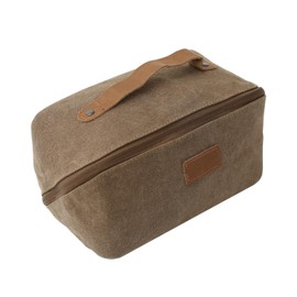 PAHVRION Canvas Toiletry Bag for Women with Genuine Leather Handle,Travel Dopp Kit,Shaving Kit Bag for Men,Water Resistant Hygiene Dopp Kit, Coffee, Non-customized