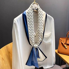 Pemilosci 59" Long Silk Like Scarf Fashion Hair Head Neck Scarf for Women Purse Scarf for Handbags Hair Scarves Gift (LS11 Lune+ Blue)