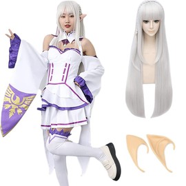 MOMOcos Emilia Cosplay Costume, Wig, Re:Zero - Starting Life in Another World, Emilia Style, Maid Costume, Kimono, School Festival, Costume