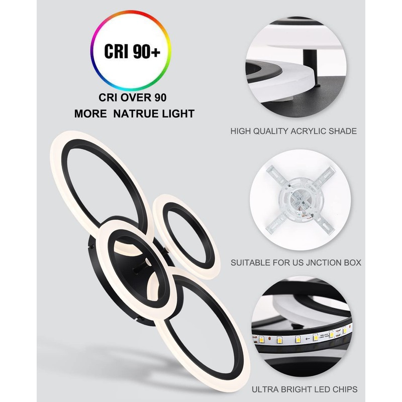 Vikaey Modern LED Flush Mount Ceiling Light, 4 Rings Black