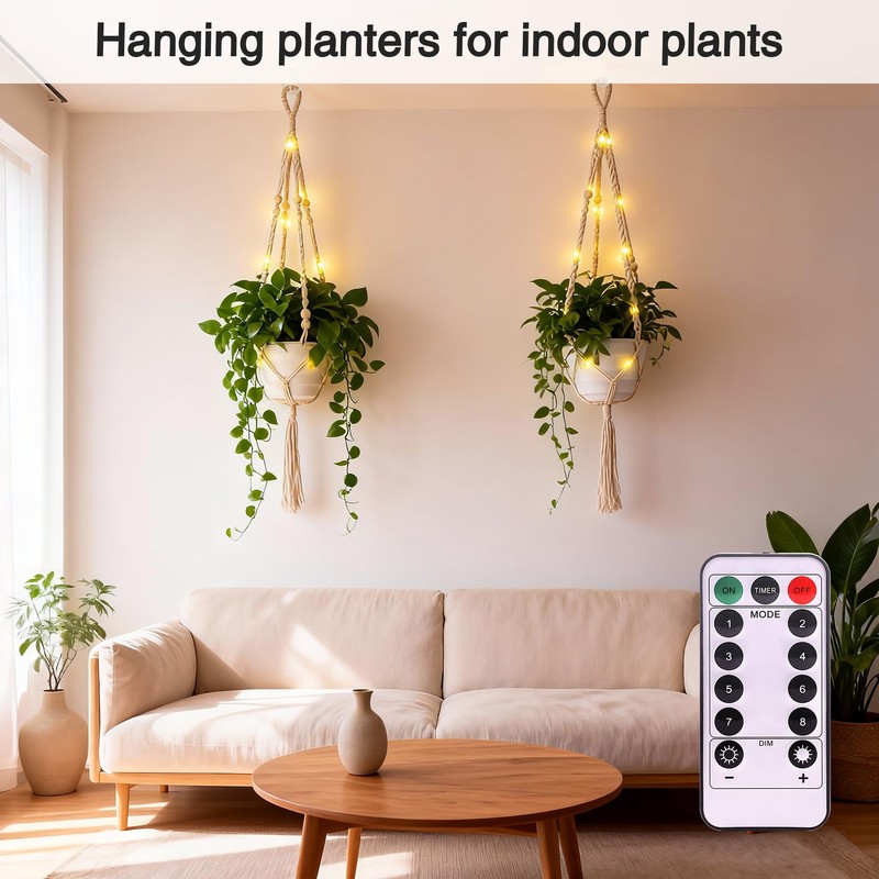 Loscarol 2 Pack Macrame Plant Hanger with Lights and 2Pcs