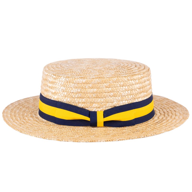 ZAKIRA Classic Straw Boater Hat Handmade from Natural Straw (Navy-Yellow