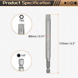 sourcing map T50 Torx Head Screwdriver Bit 1/4" Hex Shank 4.3" (110mm) Long Magnetic No Hole Tip Tamper Proof 6 Point Star Screw Driver Drill Bits S2 Steel Industrial Power Screwdrivers