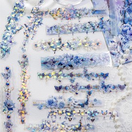 MAFELOE 20 Pieces PET Scrapbook Stickers, Aesthetic Supplies for Journaling Junk Bullet Diary Album Calendars Decoration-Long Strip Butterfly&Flower Series-Blue (D-Y3-L-YCMJ)