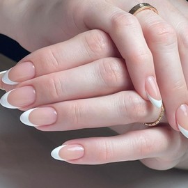 Almond False Nails - 30Pcs French Tip False Nails Oval - Nude Natural French Style Almond Press on nails - Medium Length Glossy Full Cover Glue on Nails - Removable Nail DIY Nail Art