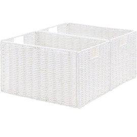 Vagusicc Wicker Storage Basket, Set of 2 Hand-Woven Paper Rope Wicker Basket, Small Storage Baskets for Organizing Toilet Paper Basket, Foldable Large Cube Storage Organizer Bins for Shelves (White)