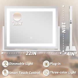 ROLOVE Vanity Mirror with Lights 22"x18", Lighted Makeup Mirror with 10X Magnification, Smart Touch 3 Colors Dimmable, 360° Rotation, Women Gift, Dresser Mount, Bathroom (White)