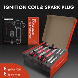 A-Premium (Red) Ignition Coils and Spark Plugs Kits Compatible with Ford F-150 2011-2016, Mustang 2011-2015, 5.0L 8-PC Set