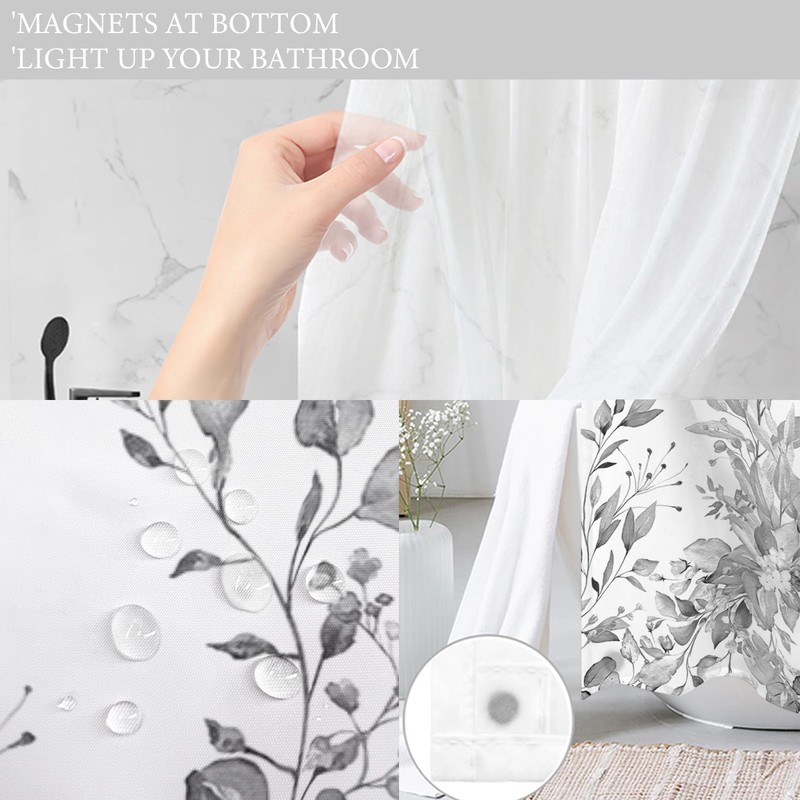 Tititex No Hooks Snap in Liner Grey Eucalyptus Leaves Shower