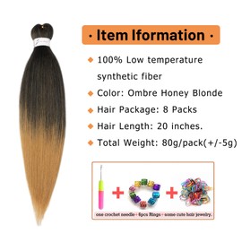 Ubeleco Pre Stretched Braiding Hair, 8 Packs 20 inch Braiding Hair Pre Stretched Yaki Texture, Hot Water Setting, Easy To Install Professional Synthetic Ombre Hair for Braiding(20in,1B/27)