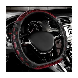 ZNDAW Car Steering Wheel Cover, 15 Inch Leather D-Shaped Steering Wheel Protector with 3D Honeycomb Comfy Grip, Breathable Anti-Slip Steering Wheel Cover for Most Car, SUV, Truck (Red)