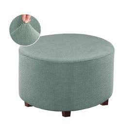 VIENLOVE Round Ottoman Slipcover Polyester Blend Footstool Protector Covers Stretch with Elastic Bottom Feature Textured Machine Washable Jacquard Fabric (Sage, Large Size)