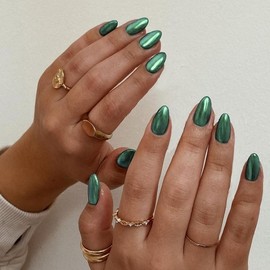 Mirror Metal Press on Nails Short Oval Acrylic Nails Press ons Green Extra Short Round Fake Nails for Women Reusable Thick Almond Nails Chrome Glazed Glue on Nails Glossy Shiny False Nails 24Pcs