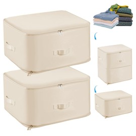 Fycyko Pack of 2 Ultra Space-Saving Self-Compressing Organiser, Underbed Storage Box, Storage Bag for Quilts and Clothes, Beige, XL