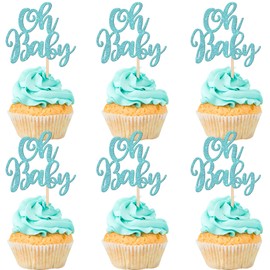 ZHUOWEISM 24 piezas Oh Baby Cupcake Toppers con purpurina para baby shower para revelar género, baby shower, niños, fiesta de cumpleaños, decoración de pasteles, suministros de color azul claro