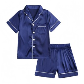 JiaYouLC Kids Pyjamas Girls Boys Short Sleeve Satin Pyjamas Button-Down Faux Silk Nightwear Children Sleepwear Teens Age 4-16 (UK, Age, 11 Years, 12 Years, Regular, Blue)