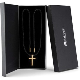 SERASAR Leather Necklace Leather Choker Men with Pendant - 60cm Gold - Leather Cord Chain with Jewelry Box for Men - Real Leather - Gift for Men - Leather Necklet Locket Jewellery Band