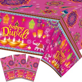 KYMY Happy Diwali Table Covers with 86.6" X 51.18", 3pcs India Festival of Lights Tablecloths, Rectangle Plastic Deepawali Rangoli Tablecovers for Indian Diwali Party Kitchen Dining Decorations