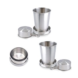 PHMING Set of 2 Folding Cups, Stainless Steel 150 ml, Stainless Steel Cups with Lid, Foldable Metal Cups for Outdoor, Camping, Travel & Hiking