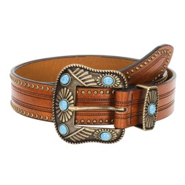 Western CowboyLeather Belts for Women and Men - Classic Country Belts with Tirqouise-Buckles for Jeans Pants