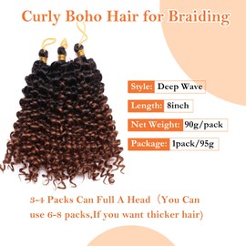 S-noilite Curly Braiding Hair,Marlybob Crochet Braids Hair Extensions 8 Inch Deep Wave Afro Kinky Jerry Curl Pre Stretched Ombre Braiding Hairpiece for Black Women,3 Pack 95g,Black to Coffee Brown