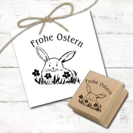 Dekolando Stamp "Frohe Oster" - Motif Stamp Cute Easter Bunny - Wooden Stamp Easter Stamp Flowers - Imprint 40 x 40 mm