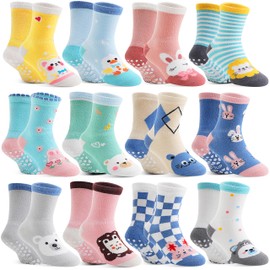 Baby Girls Toddlers Grips Socks Kids Non Skid Anti Slip Fun Cotton Gift Infant Crew Socks 12 Pairs Stocking Stuffers(Animal Series, 9-14 Years)