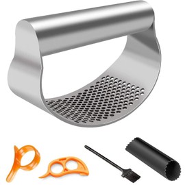 Knoblauchpresse Zerkleinerer, Edelstahl Knoblauchschneider,Knoblauchpresse Wippe, mit Silikon Knoblauchschäler, Reinigungsbürste und Orangenschäler