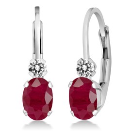 Gem Stone King 925 Sterling Silver Red Ruby and White Diamond Leverback Earrings For Women (1.27 Cttw, Gemstone July Birthstone, Oval 6X4MM, Round 2MM, 3/4 Inch)