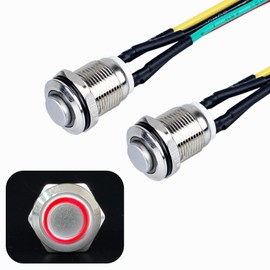 JIQI 2 x 12 mm Momentary Metal Push Button Switch 12 V to 24 V 2 A Momentary Push Button Switch with LED Light IP66 1NO Button End Waterproof Button Push Button for Boat Truck RV Car (High Head, Red)