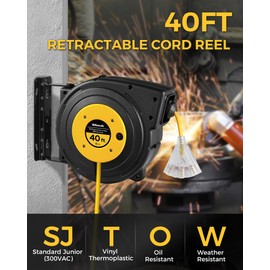 WILAWELS Retractable Extension Cord Reel, 40 FT Heavy Duty Power Cord, 12AWG/3C SJTOW, 3 Grounded Outlets Lighted Triple Tap, 15 Amp Circuit Breaker, UL Listed, Yellow Y40CR06