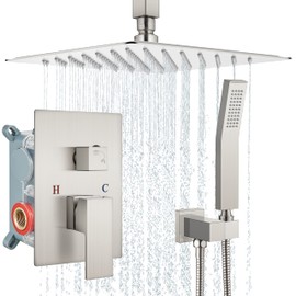 Aolemi 10 Inch Brushed Nickel Shower System Ceiling Mount Rain Luxury High Pressure Shower Combo Set Bathroom Shower Head with Handheld Spray Rough-in Valve and Shower Trim Included