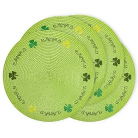 Whaline 4Pcs Round St. Patrick's Day Placemats Embroidered Shamrock Place Mats Green Clover Dinner Table Mats for Home Spring Irish Holiday Birthday Party Decor