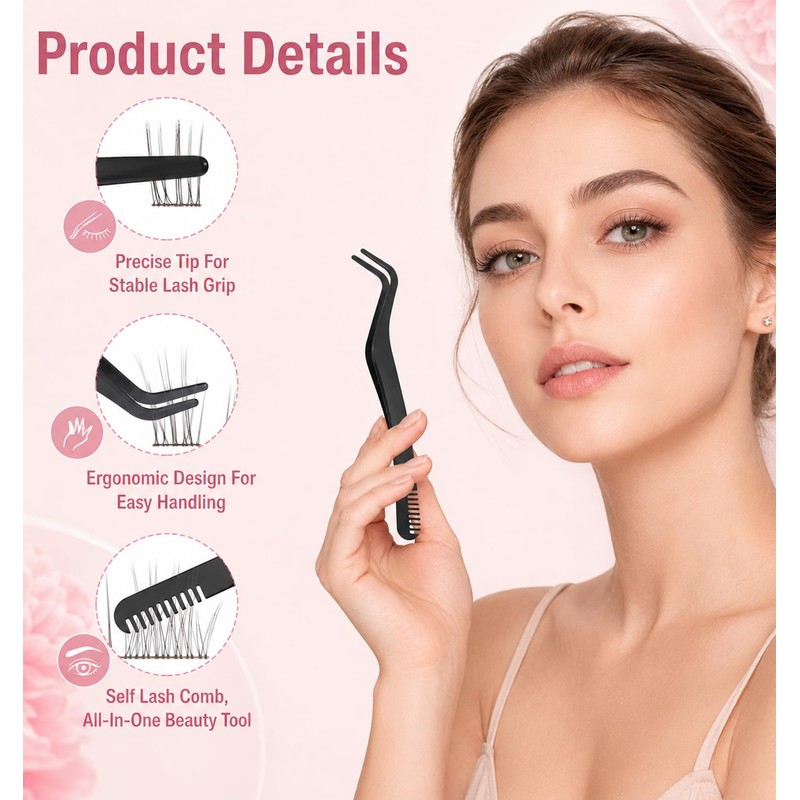 2 Pcs Eyelash Tweezers, Lash Applicator Tool with Comb for