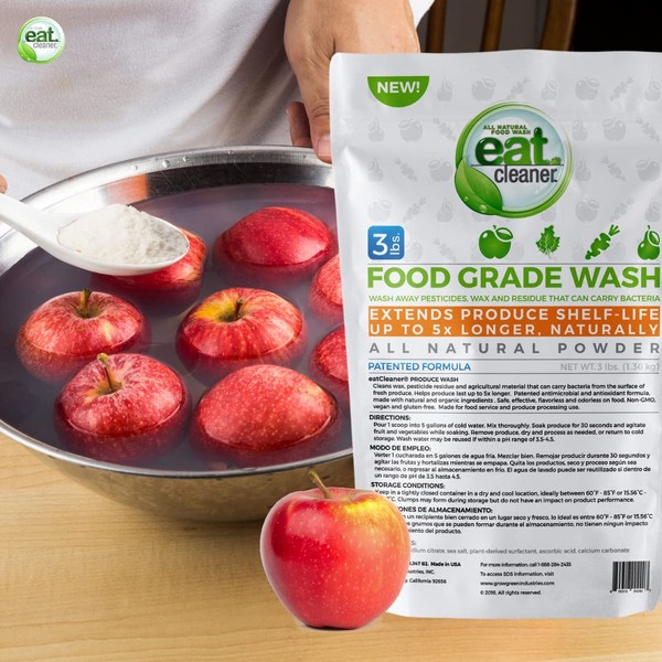 Eat Cleaner Fruit and Vegetable Wash Powder Washes up to 3000 LBS of Produce with Each 3LB Bag. Stand-Up Pouch Includes One 2-OZ Scoop. Perfect for Home or Commercial Veggie Wash Use