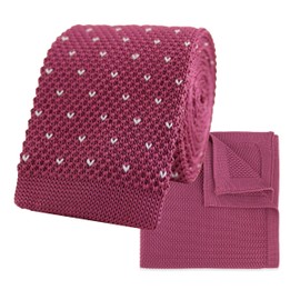 THE GENTS LAB Men's Square End Knitted Neck Tie With Dots & Matching Pocket Square | Made From 100% Soft Polyester | Over 10+ Colours (Dark Pink)