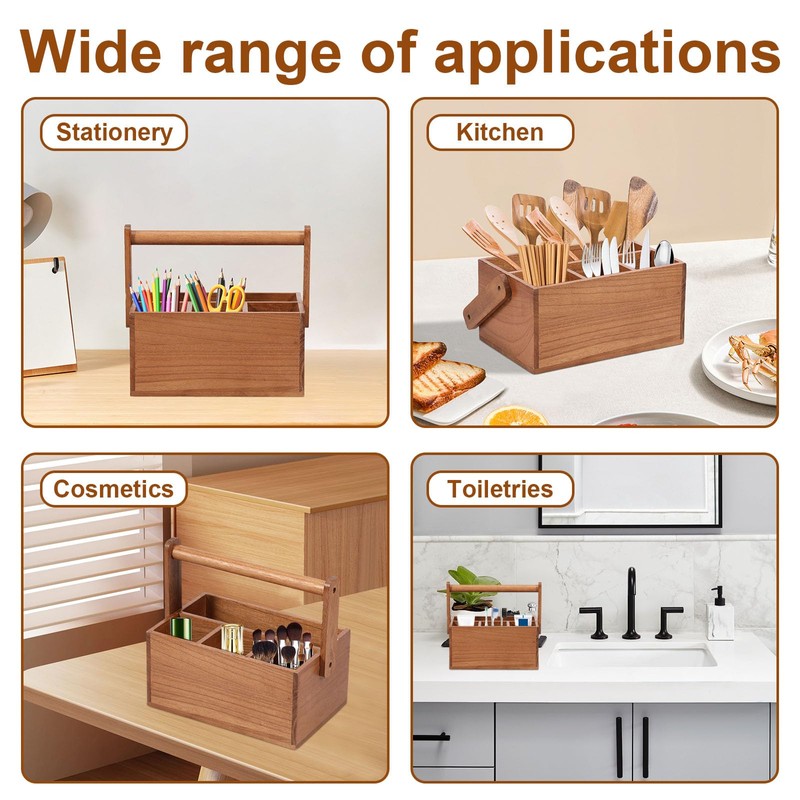 DJAPWPX Wood Silverware Caddy with Handle, 4 Compartments Utensil Holder,