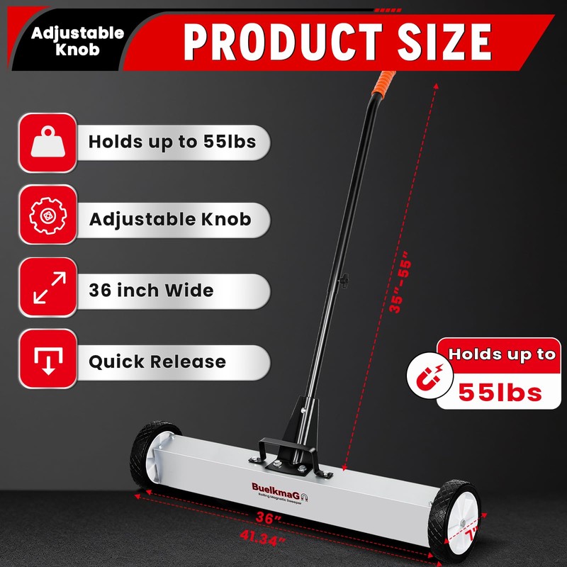 Buelkmag 55Lbs Nail Magnet Sweeper 36 Inch Rolling Magnetic Sweeper