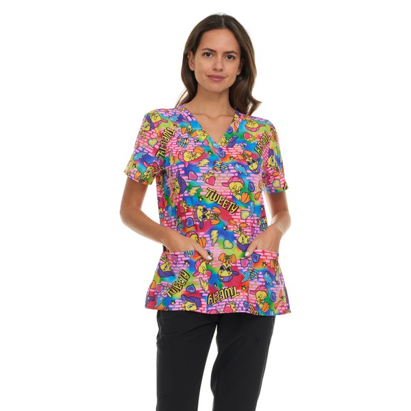 Looney Tunes Women's All Over Print, V-Neck Scrub Top with
